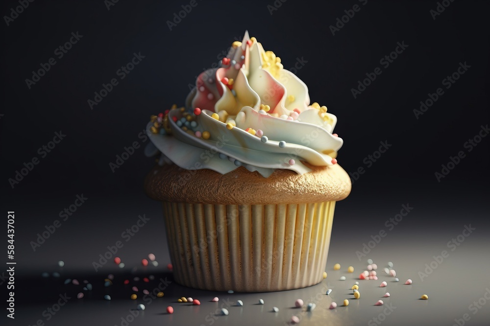  a cupcake with white frosting and sprinkles on a black surface with a dark background and a few sca