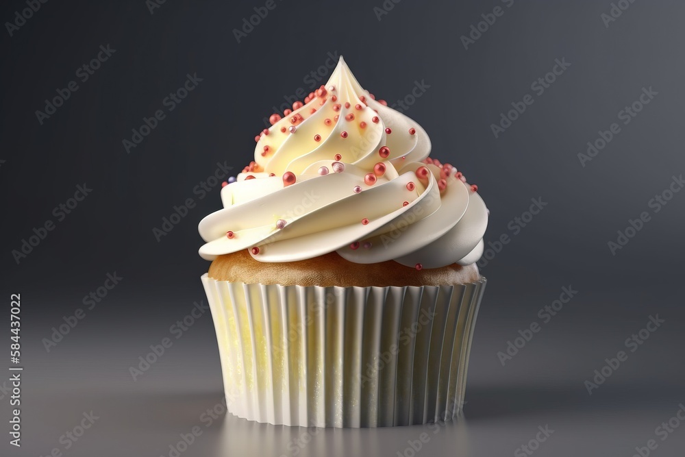  a cupcake with white frosting and sprinkles on its top is sitting on a gray surface with a gray ba