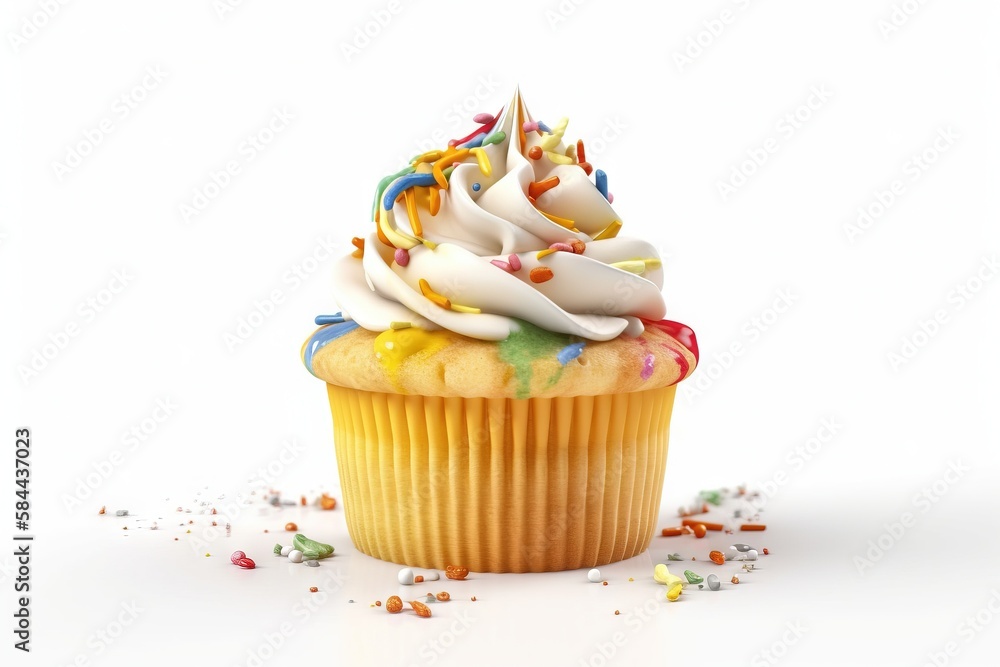  a cupcake with white frosting and sprinkles on its top and a rainbow colored frosting on the top. 