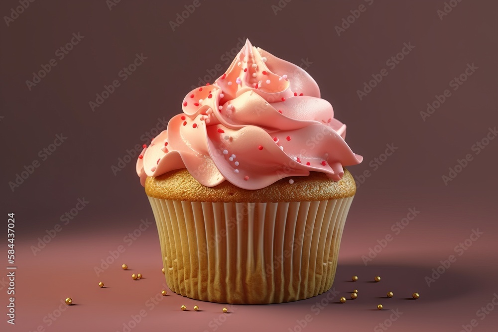  a cupcake with pink frosting and sprinkles on a pink background with a pink background and a pink b