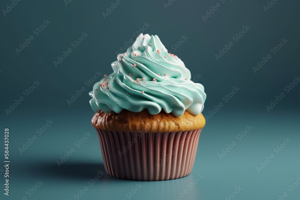  a cupcake with blue frosting and sprinkles on a blue background with a green background and a shado