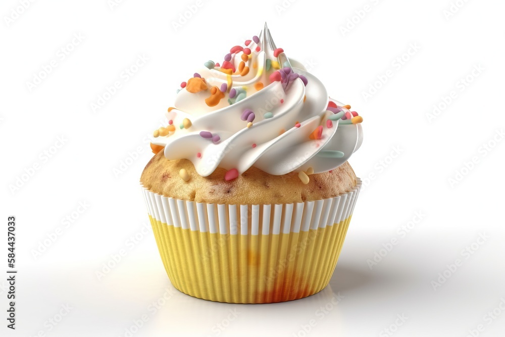  a cupcake with white frosting and sprinkles on its top is shown on a white surface with a white ba