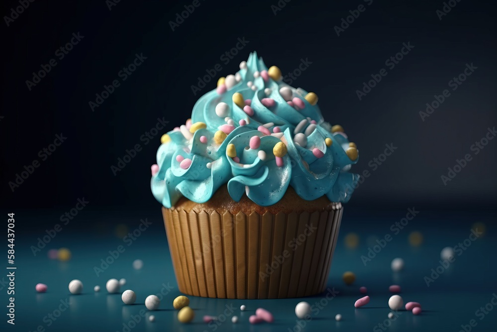  a cupcake with blue frosting and sprinkles on a blue surface with confetti scattered around it and 