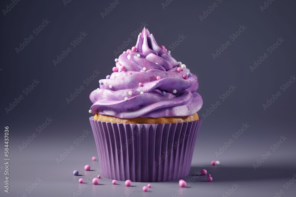  a cupcake with purple frosting and sprinkles on a gray background with pink and white sprinkles aro