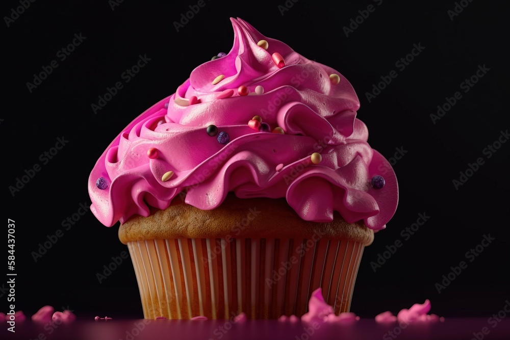  a cupcake with pink frosting and sprinkles on a black background with pink and gold sprinkles aroun