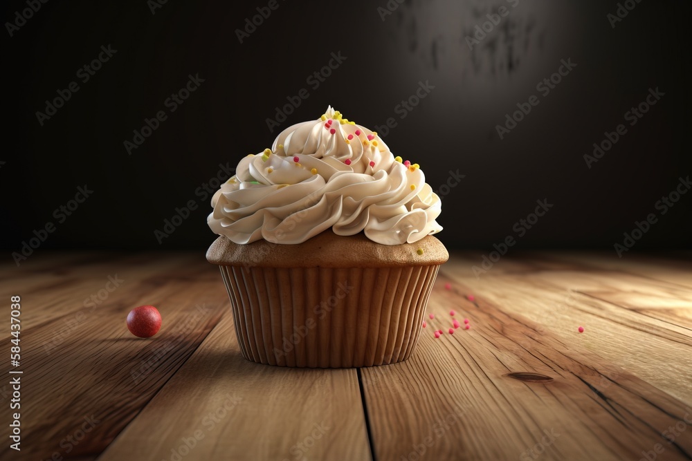  a cupcake with white frosting and sprinkles on a wooden table with an apple in the foreground and a