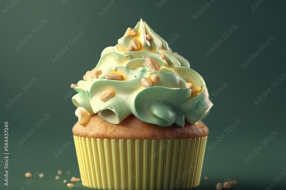  a cupcake with green frosting and nuts on top on a green background with a green background and a g