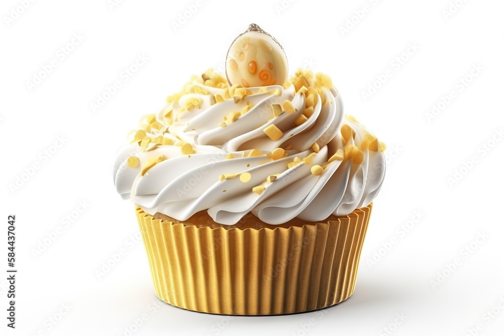  a cupcake with white frosting and sprinkles on its top and a yellow cupcake on top of it.  generat