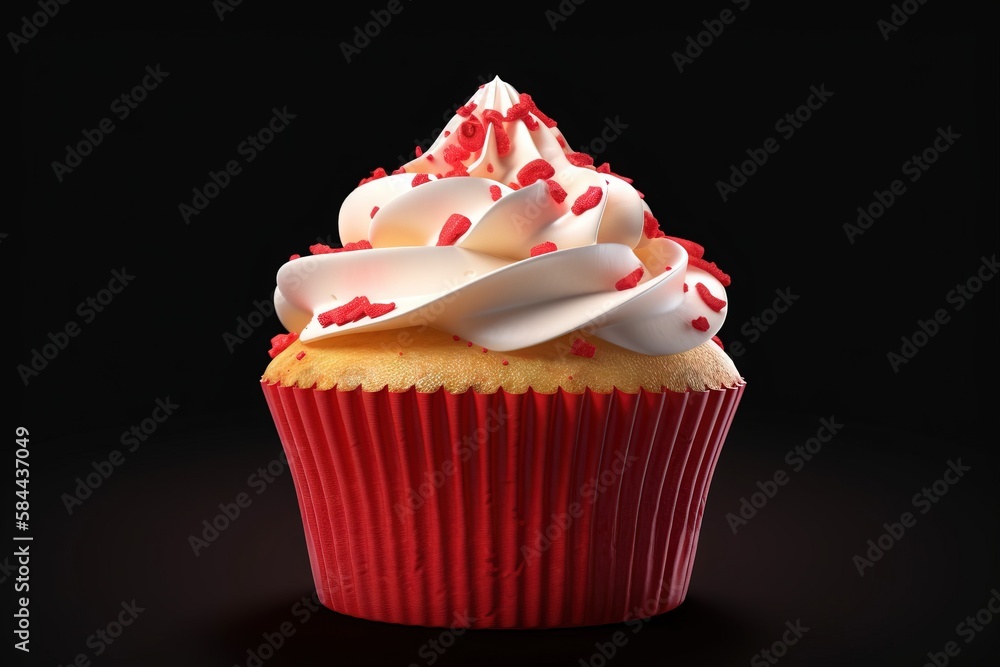  a cupcake with white frosting and red sprinkles on top on a black background with a black backgroun