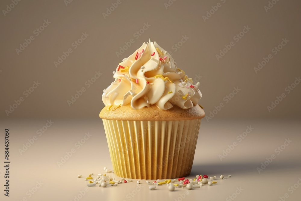  a cupcake with white frosting and sprinkles on a gray surface with a light brown background and a f