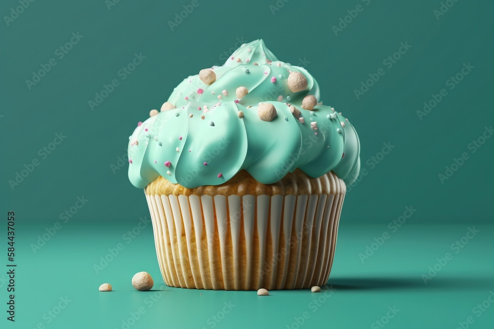  a cupcake with blue frosting and sprinkles on a green background with a green background and a few 