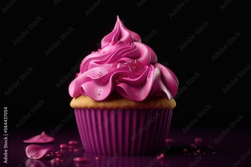  a cupcake with pink icing and sprinkles on a purple surface with a black background and a few pink 