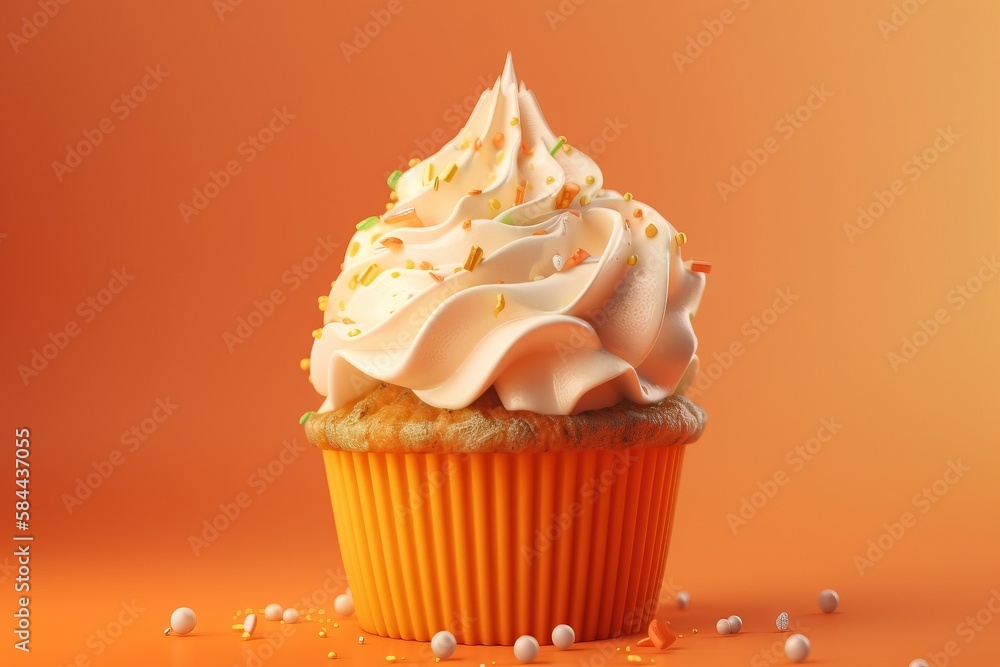  a cupcake with white frosting and sprinkles on an orange background with scattered confetti on the 