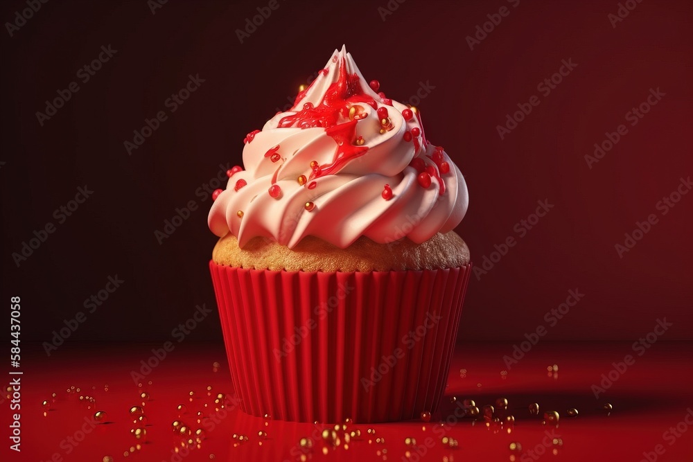  a cupcake with white frosting and sprinkles on a red surface with a red background and gold sprinkl