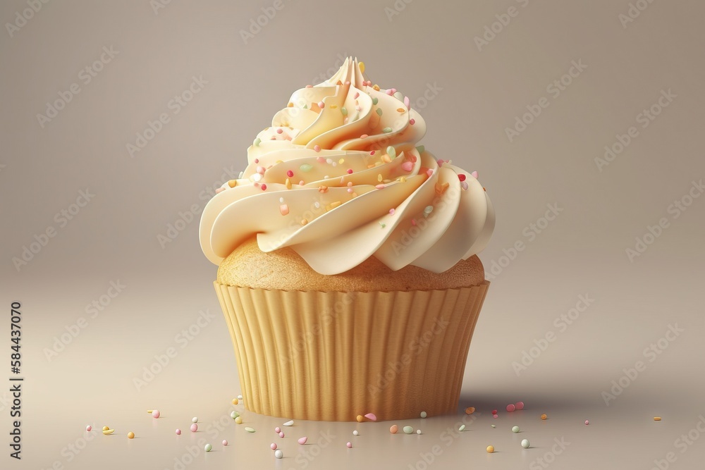  a cupcake with white frosting and sprinkles on a gray background with a light colored background an