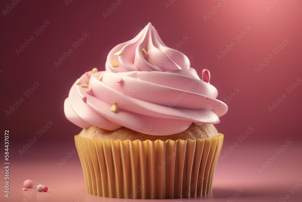  a cupcake with pink icing and sprinkles on a pink background with a pink background and a pink back