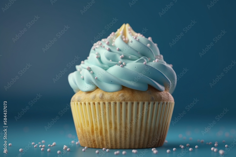  a cupcake with blue frosting and sprinkles on a blue background with a blue background and white sp