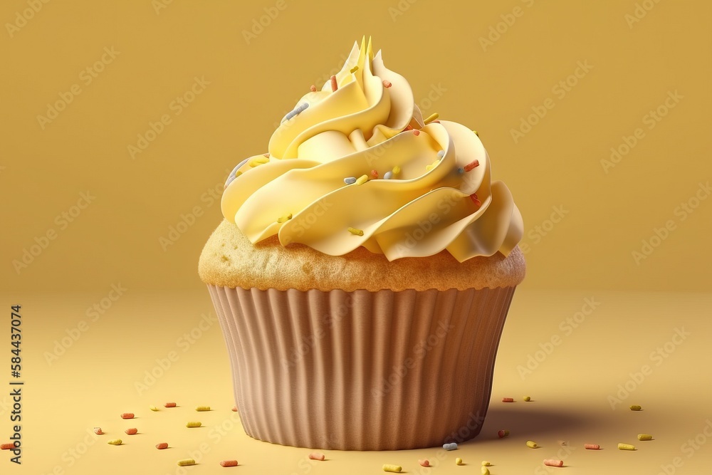  a cupcake with yellow frosting and sprinkles on a yellow background with confetti scattered around 