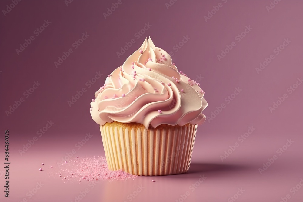  a pink cupcake with white frosting on a pink surface with pink sprinkles on the bottom of the cupca