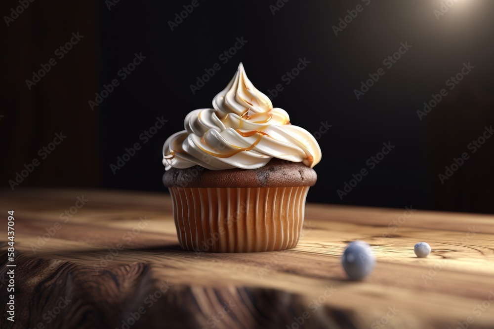  a cupcake sitting on top of a wooden table next to a ball of white frosting on top of a wooden tabl