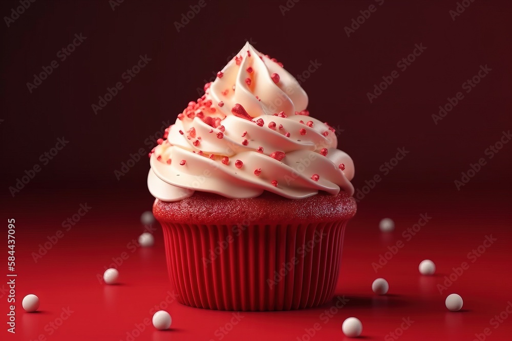  a red cupcake with white frosting and sprinkles on a red surface with white balls around it on a re