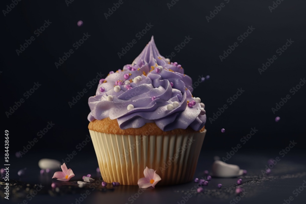  a cupcake with purple frosting and sprinkles on a black surface with scattered flowers and petals o