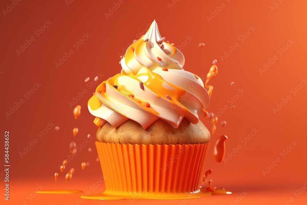  a cupcake with white frosting and sprinkles on an orange background with a splash of orange on the 