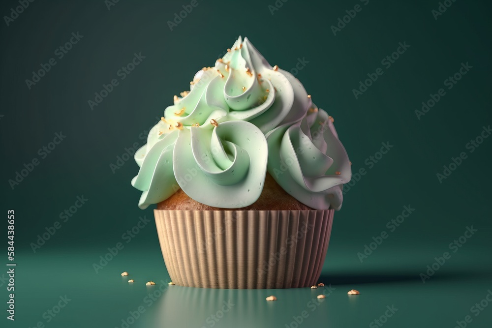  a cupcake with white frosting and sprinkles on a green background with a reflection of the cupcake 