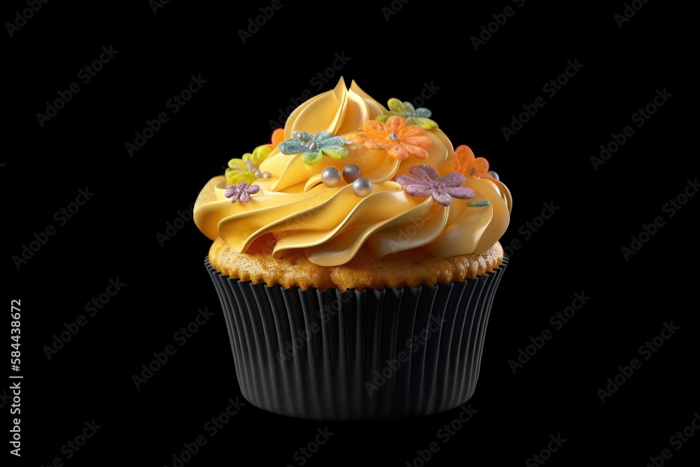  a cupcake with yellow frosting and colorful flowers on its top, on a black background, with a blac