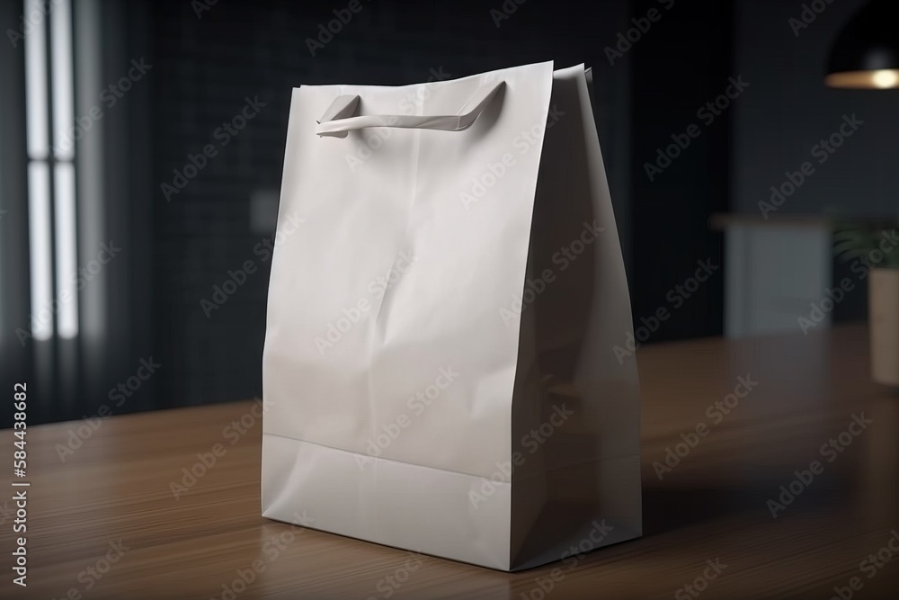  a white paper bag sitting on top of a wooden table next to a potted plant on a tablecloth covered t