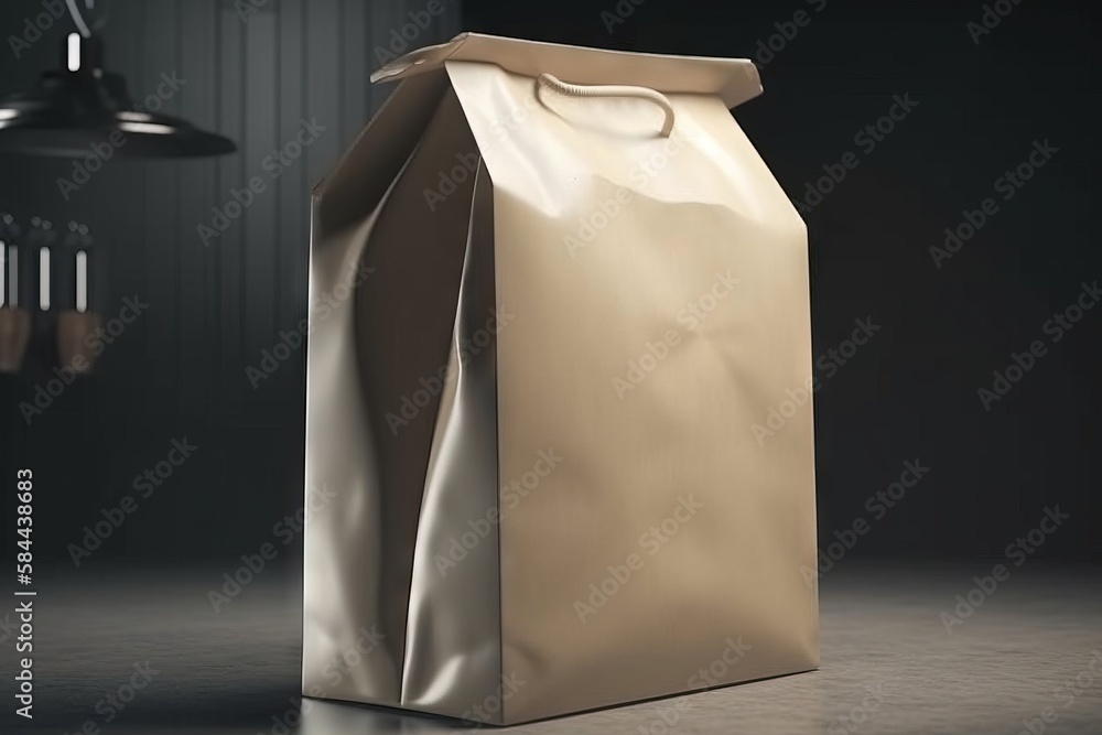  a brown paper bag sitting on top of a table next to a light bulb and a lamp on a black wall behind 