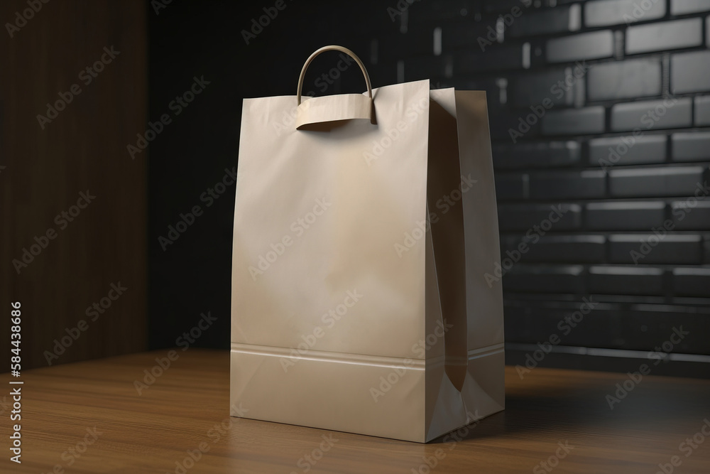  a brown paper bag sitting on top of a wooden table next to a black brick wall with a logo on the si