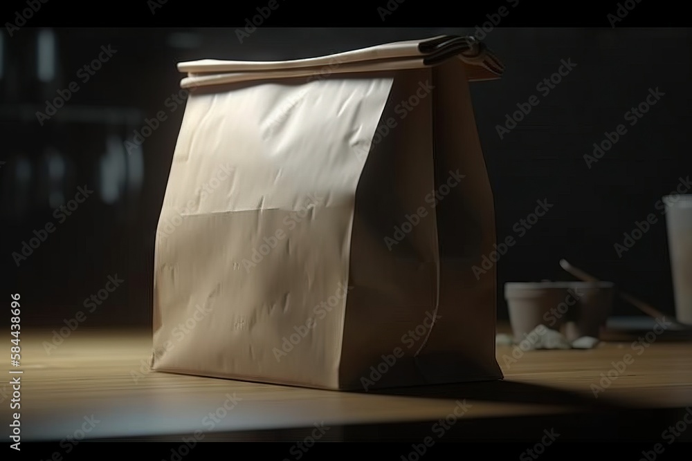  a brown paper bag sitting on top of a wooden table next to a cup and a spoon and a cup on a wooden 