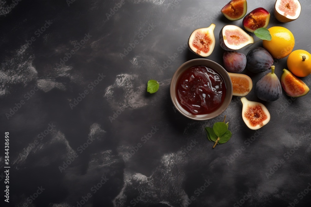  a bowl of fruit and some oranges on a black surface with a green leaf on top of the bowl and some o