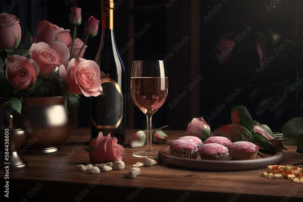  a table topped with a glass of wine next to a plate of food and a bottle of wine on top of a table 