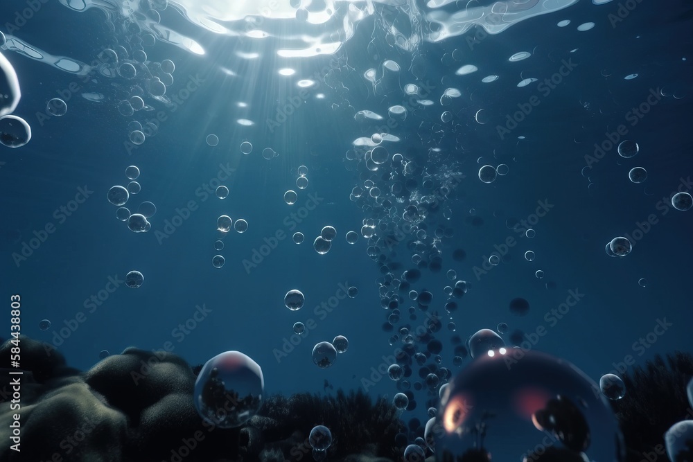  a group of bubbles floating in the air over a coral reef with a sun shining through the waters bub