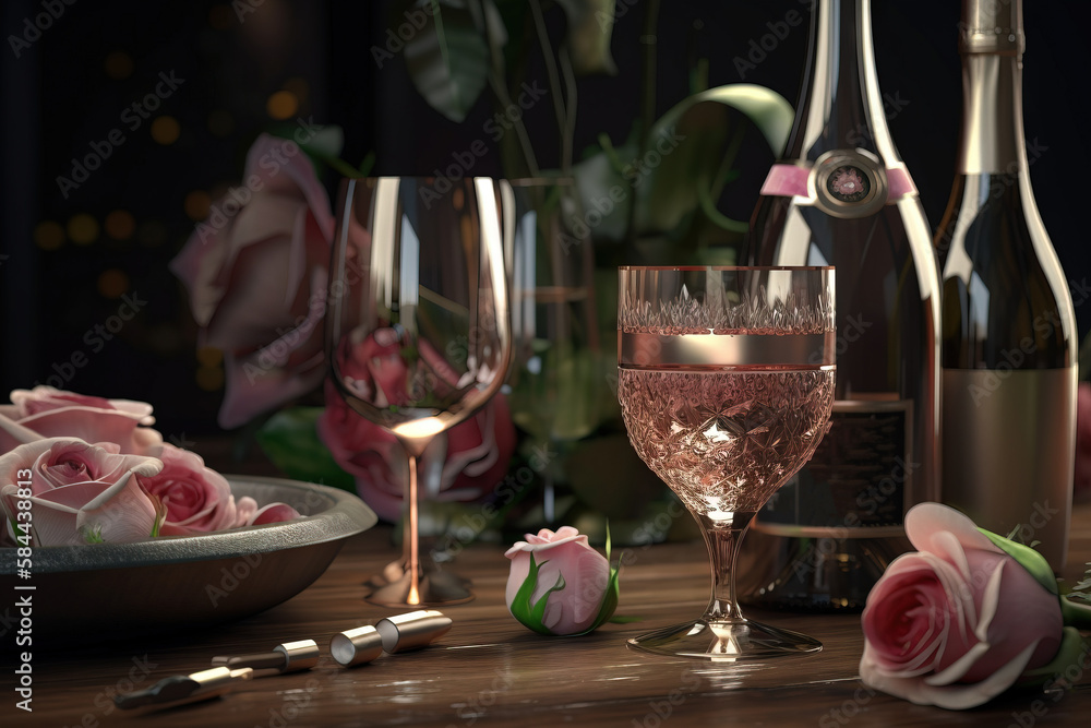  a table topped with wine glasses and bottles of wine next to a bowl of flowers and a plate of food 