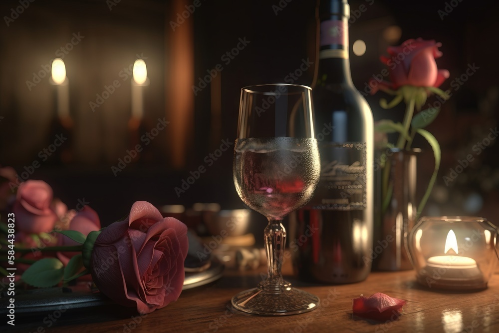  a glass of wine next to a bottle of wine and a candle on a table with roses and candlesticks on the