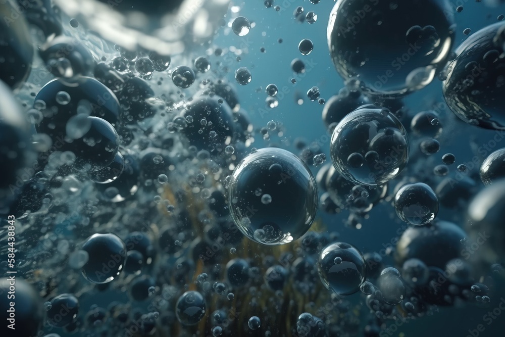  a bunch of bubbles floating in the air on a blue background with water droplets on the bottom and b