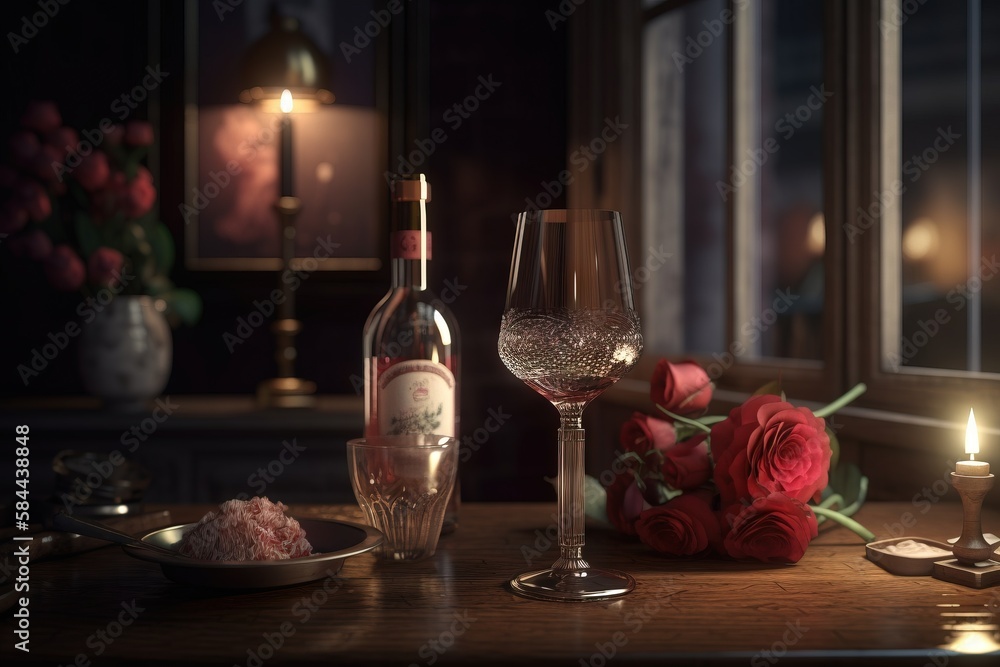  a bottle of wine and a glass on a table with a candle and flowers in the window sill in the backgro