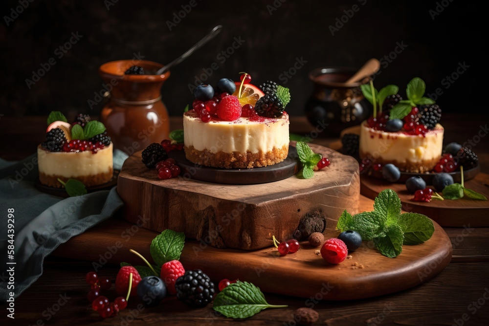  a cake with berries and other toppings on a cutting board with a spoon and a bowl of berries on the