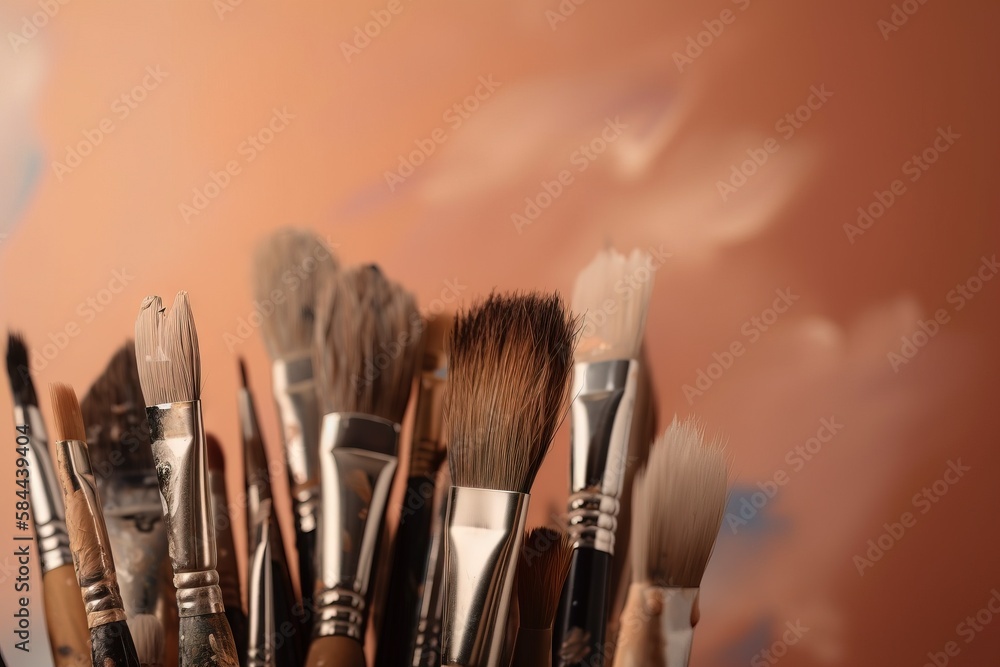  a cup filled with lots of different types of paintbrushes in its holder on a table next to a pink 