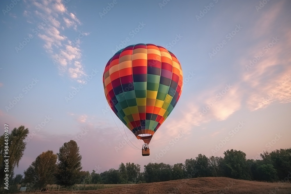  a colorful hot air balloon flying through a blue sky with trees in the background and a few clouds 