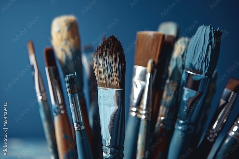  a close up of many different brushes in a glass container with a blue background and a blue sky in 