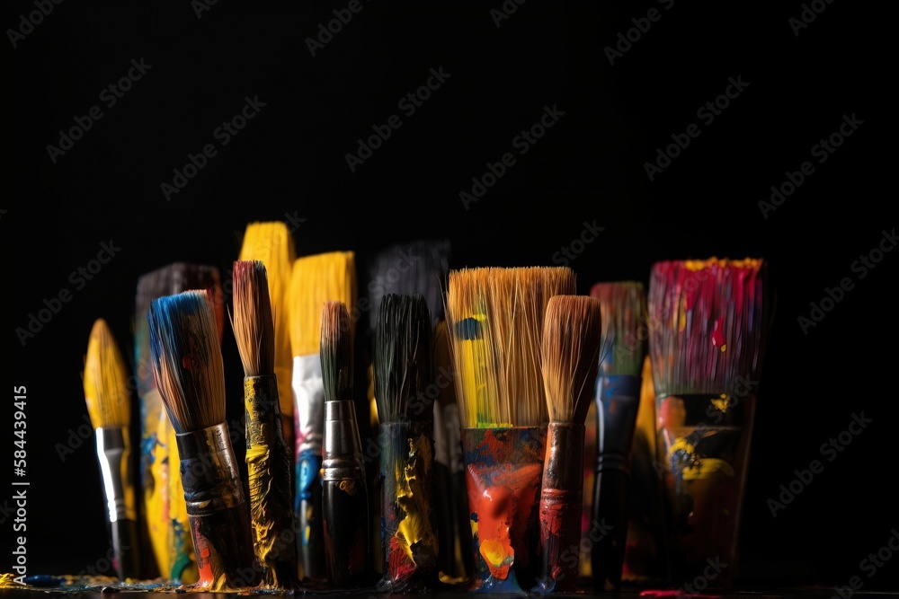  a group of paint brushes sitting on top of a table next to each other on a black background with a 