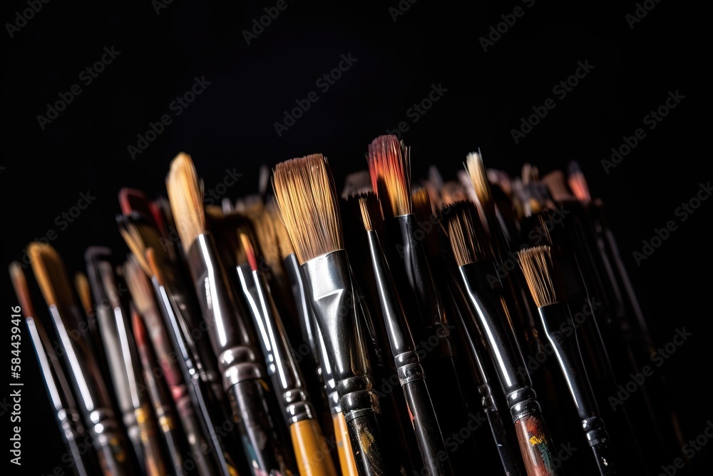  a bunch of brushes are lined up in a row on a black background with a black background behind them 