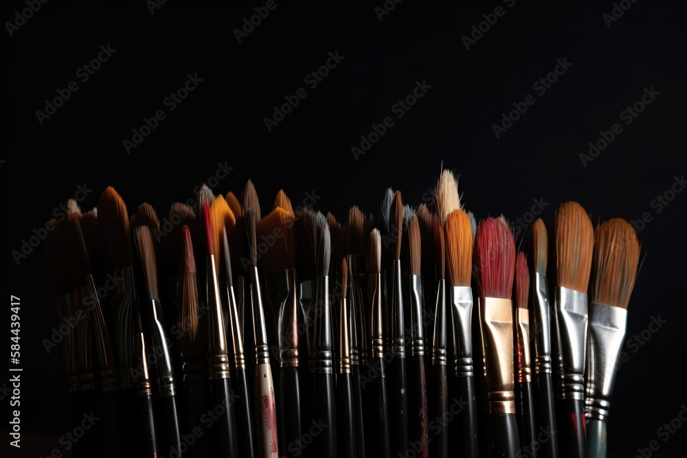  a group of brushes lined up in a row on a black background with a black background behind them and 