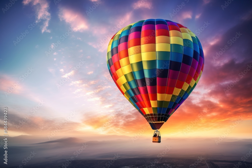  a colorful hot air balloon flying in the sky at sunset or sunrise with clouds in the sky and the su