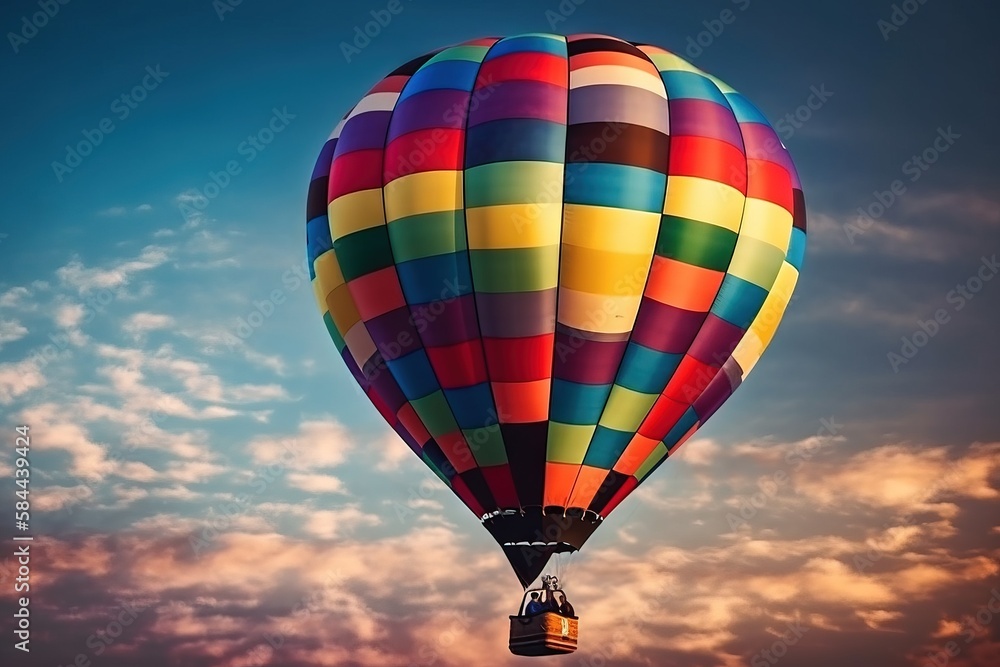  a colorful hot air balloon flying through a cloudy blue sky with a few clouds in the background and