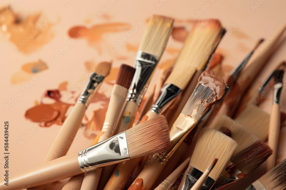  a close up of a bunch of brushes with paint splattered on the wall behind it and a pink background 